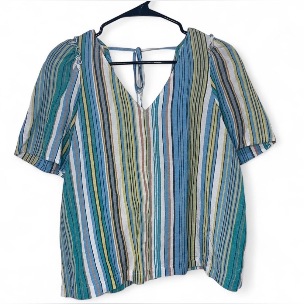 Ann Taylor Linen Blend Striped Top Multicolor V-Neck Tie Detail Blouse Medium